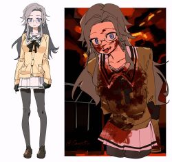 1girl :d aotsuki_eito arm_behind_back black_bow black_bowtie black_gloves black_shoes blood blood_on_clothes blood_on_face bow bowtie cardigan cosplay genderswap genderswap_(mtf) glasses gloves grey_hair grey_leggings hand_on_own_arm highres kimi_to_kanojo_to_kanojo_no_koi. leggings long_hair looking_at_viewer multiple_views open_mouth pantyhose pleated_skirt purple_eyes sailor_collar school_uniform serafuku shoes si_ming skirt smile sone_miyuki sone_miyuki_(cosplay) spoilers the_hundred_line_-last_defense_academy- twitter_username white_sailor_collar white_serafuku white_skirt yellow_cardigan