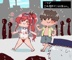 Rule 34 | 1boy, 6+others, bikini, blue male swimwear, blush, breasts, brown hair, chibi, choker, cleavage, closed eyes, closed mouth, commander (nikke), embarrassed, faceless, faceless male, goddess of victory: nikke, hairband, hat, highleg, highleg bikini, highres, kaito (wumiwatari), large breasts, long hair, male swimwear, multiple others, navel, official alternate costume, open clothes, open shirt, poli (nikke), police, police hat, police uniform, policewoman, ponytail, public indecency, rapi (nikke), rapi (red hood) (nikke), rapi (red hood) (red flavor) (nikke), red bikini, red hair, shiny skin, shirt, short hair, side-tie bikini bottom, smile, solo, stomach, swim trunks, swimsuit, thong, thong bikini, very long hair, walking, wet, wet clothes, wet shirt, white hair, wide hips