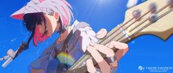 1girl animal_ears animal_print black_choker blue_archive cat_ears cat_girl cat_print choker colored_inner_animal_ears colored_inner_hair extra_ears guitar highres holding holding_guitar holding_instrument instrument jewelry kazusa_(band)_(blue_archive) kazusa_(blue_archive) multicolored_hair official_alternate_costume ring sakatsuki_yakumo shirt solo two-tone_hair upper_body white_shirt