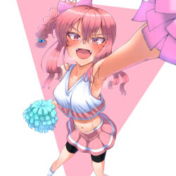 1girl :d absurdres armpits bike_shorts black_shorts blush braid braided_ponytail breasts cheerleader commentary_request cookie_(touhou) crop_top fangs feet_out_of_frame high_side_ponytail highres long_hair looking_at_viewer medium_breasts midriff navel open_mouth pink_eyes pink_hair pink_skirt pom_pom_(cheerleading) pyukasshori sasorihime_(cookie) shirt shorts shorts_under_skirt sidelocks skirt sleeveless sleeveless_shirt smile solo sweat two-tone_background v-shaped_eyebrows white_background white_shirt
