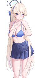 1girl arm_behind_back blue_archive blue_bra blue_skirt blush bra breasts cleavage closed_mouth collarbone cowboy_shot hair_down halo highres long_hair looking_at_viewer medium_breasts miniskirt mizoshi-x open_bra pleated_skirt skirt solo thighs toki_(blue_archive) underwear very_long_hair