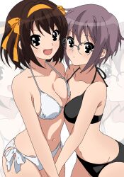 Rule 34 | asymmetrical docking, bikini, black bikini, black eyes, breast press, breasts, brown hair, commentary, english commentary, glasses, grey hair, hairband, highres, medium breasts, nagato yuki, nagato yuki-chan no shoushitsu, orange hairband, short hair, side-tie bikini bottom, smile, suzumiya haruhi, suzumiya haruhi no shoushitsu, suzumiya haruhi no yuuutsu, swimsuit, white bikini, yuiyu ki