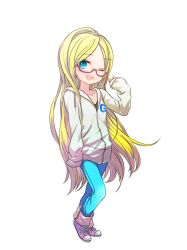 Rule 34 | 1girl, blonde hair, blue eyes, denim, female focus, forgotten artist, gelbooru, gelbooru-tan, glasses, hood, hoodie, jacket, jeans, long hair, official art, one eye closed, pants, shoes, smile, sneakers, solo, transparent background, wink