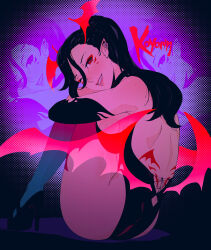 1girl artist_name ass back_tattoo black_hair black_leotard breasts elbow_gloves elezen elf facial_mark fang final_fantasy final_fantasy_xiv gloves gradient_thighhighs hair_between_eyes halloween_costume head_wings high_heels highres hilda_ware hugging_own_legs hyur koyorin large_breasts leotard long_hair looking_at_viewer low_wings pointy_ears ponytail red_eyes sitting solo tattoo thighhighs wings