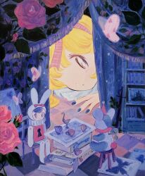 Rule 34 | 1girl, ace (playing card), ace of spades, alice&#039;s adventures in wonderland, alice (alice in wonderland), artist name, black eyes, blonde hair, blue nails, book, bookshelf, box, bug, butterfly, card, chair, closed mouth, comcomblue, commentary, cup, curtains, doll, flower, hairband, highres, insect, keyhole, leaf, looking at object, lying, nail polish, on stomach, painting (object), pink hairband, playing card, red flower, red rose, rose, signature, sitting, solo, spade (shape), star (symbol), stool, stuffed animal, stuffed rabbit, stuffed toy, teacup, toy, winding key