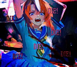 1girl abstract_background angry arms_up blood blood_splatter blouse blue_eyes blue_sailor_collar blue_skirt breasts dark_background english_text furious highres higurashi_no_naku_koro_ni holding holding_weapon kristianmaksak5 medium_breasts nata_(tool) neckerchief open_mouth orange_hair painterly parted_bangs pleated_skirt ryuuguu_rena sailor sailor_collar school_uniform serafuku shirt shouting skirt teeth weapon white_shirt yellow_neckerchief