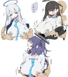 1boy 3girls amakara_surume black_hair blazer blue_archive blue_hair blue_necktie blush breasts bug closed_eyes commentary_request fly grabbing_another&#039;s_breast groping hair_ornament hairclip halo headgear hetero highres insect jacket large_breasts multiple_girls necktie nipple_stimulation nipple_tweak noa_(blue_archive) off_shoulder purple_eyes purple_hair rio_(blue_archive) sensei_(blue_archive) simple_background sweatdrop translation_request turtleneck white_background yuuka_(blue_archive)