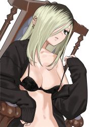 Rule 34 | 1girl, absurdres, black bra, black hair, blonde hair, bra, breasts, cardigan, chair, delinquent, ear piercing, green eyes, hair over one eye, haru-chan (hei taiyou), hei taiyou, highres, long hair, medium breasts, multicolored hair, navel, original, piercing, roots (hair), simple background, underwear, white background
