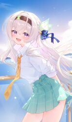 1girl absurdres akovo alternate_costume aqua_skirt arms_behind_back black_hairband blue_sky blush commentary day dot_nose firefly_(honkai:_star_rail) floating_hair grey_hair hair_between_eyes hair_ornament hairband highres honkai:_star_rail honkai_(series) long_hair looking_at_viewer miniskirt necktie open_mouth orange_necktie pleated_skirt purple_eyes railing school_uniform shirt shirt_tucked_in skirt sky sleeves_rolled_up smile solo white_shirt wooden_railing