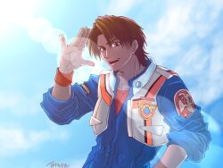 1boy \|||/ brown_eyes brown_hair cloud cloudy_sky commentary_request hand_up highres isamu_dyson jumpsuit junkichi1222_(ryuya) lens_flare light_rays macross macross_plus military_rank_insignia military_uniform mullet open_mouth science_fiction signature sky sunbeam sunlight u.n._spacy vest wristband