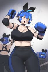 1girl bare_shoulders black_hairband black_tank_top blue_gloves blue_hair boxing boxing_gloves breasts cleavage collarbone cowboy_shot crop_top dif_(difman) difman gloves grey_background hairband highres large_breasts midriff multiple_views original simple_background solo_focus sweat tank_top
