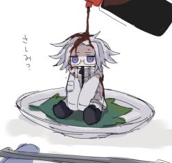 aotsuki_eito blue_eyes chibi chibi_only food_request glasses highres japanese_text long_sleeves plate pouring pouring_onto_another simple_background sitting sweatdrop the_hundred_line_-last_defense_academy- translation_request white_background white_hair