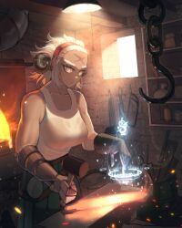 1girl absurdres anvil apron belt blacksmith bottle breasts brown_belt cabinet ceiling_light collarbone commentary cross_scar dark-skinned_female dark_skin embers english_commentary fire forehead forge glowing glowing_hot grey_eyes hacksaw hair_pulled_back hammer hand_up highres holding holding_hammer hook horns indoors jar large_breasts looking_down magic magic_circle mechanical_arms medium_hair original saku_ram saw scar scar_on_face scar_on_forehead single_mechanical_arm smoke solo tank_top upper_body white_hair white_tank_top window