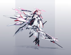 1girl absurdres animal_ears dress floating full_body gradient_background grey_background halo headgear highres holding holding_weapon jhcrow3 looking_at_viewer mecha_musume mechanical_ears mechanical_wings medium_hair original pink_eyes pink_hair science_fiction shadow solo sword variant_set weapon white_dress wings