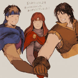 1girl black_hair blonde_hair breasts brown_hair cape circlet closed_eyes closed_mouth commentary_request dress flik_(suikoden) gensou_suikoden gensou_suikoden_i gloves headband long_hair maeka_(kumaekake) medium_hair multicolored_hair multiple_boys odessa_silverberg red_hair smile two-tone_hair viktor_(suikoden)