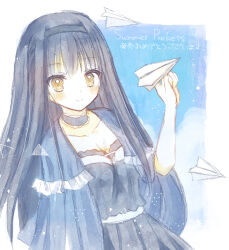1girl aiyan black_camisole black_choker black_hair black_hairband black_skirt blue_background blue_capelet blush breasts camisole capelet choker closed_mouth commentary_request copyright_name cowboy_shot frilled_capelet frilled_choker frills hair_between_eyes hairband hand_up holding holding_paper_airplane kushima_kamome long_hair looking_at_viewer medium_breasts paper_airplane pastel_colors simple_background skirt smile solo split_mouth straight_hair summer_pockets translation_request very_long_hair yellow_eyes