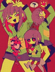 1other ? adversarial_noise arms_up black_sclera boots brown_boots brown_hair brown_shorts chara_(undertale) colored_sclera cracked_skin english_text green_sweater heart highres holding holding_heart mr0x0 multicolored_hair multiple_views red_background red_eyes red_hair short_hair shorts spoken_question_mark striped_clothes striped_sweater sweater too_many_watermarks two-tone_hair undertale watermark watermark_grid