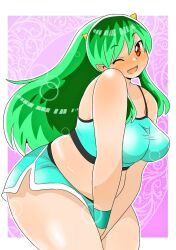 1girl aqua_shorts between_legs blush border breasts commentary_request cone_horns cowboy_shot dolphin_shorts green_hair hand_between_legs head_tilt horns large_breasts leaning_forward long_hair looking_at_viewer lum one_eye_closed open_mouth outline outside_border pink_background plump pointy_ears red_eyes shorts small_horns solo thick_arms thick_thighs thighs toyishiki_shizuoka urusei_yatsura white_border white_outline