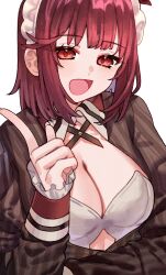 1girl :d atelier_(series) atelier_sophie breasts brown_shirt cleavage highres index_finger_raised long_sleeves looking_at_viewer medium_breasts open_mouth red_eyes red_hair ryuuno6 shirt short_hair simple_background smile solo sophie_neuenmuller striped_clothes striped_shirt upper_body vertical-striped_clothes vertical-striped_shirt white_background