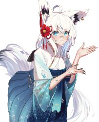 1girl absurdres ahoge animal_ear_fluff animal_ears aqua_eyes blue_hakama blue_kimono braid commentary_request dirty dirty_face dirty_hands earrings flower flower_knot fox_ears fox_girl gradient_clothes gradient_kimono hair_between_eyes hair_flower hair_ornament hakama hakama_skirt high-waist_skirt highres hololive japanese_clothes jewelry kanzashi kimono long_hair obi pentagram red_flower sash shirakami_fubuki shirakami_fubuki_(new_year) side_braid sidelocks single_earring skirt solo ta_shiuji30 tassel tassel_hair_ornament very_long_hair virtual_youtuber white_background white_hair white_kimono