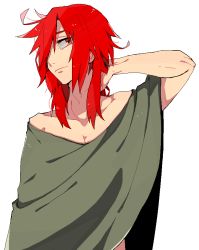 1boy adlet_myer arm_behind_head bare_shoulders brown_eyes collarbone hair_over_one_eye komiya_harumoto male_focus medium_hair red_hair rokka_no_yuusha solo standing upper_body white_background