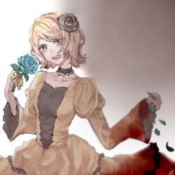 1girl aku_no_musume_(vocaloid) aqua_flower aqua_rose black_choker black_flower black_rose blonde_hair blood blood_on_clothes breasts choker dress evillious_nendaiki fang flower frilled_sleeves frills green_eyes hair_flower hair_ornament holding holding_flower holding_petal juliet_sleeves kagamine_rin lace lace_choker long_sleeves looking_at_viewer narrow_waist open_mouth petals puffy_sleeves riliane_lucifen_d&#039;autriche rose short_hair small_breasts smile solo symbolism tamutamun upper_body vocaloid wide_sleeves yellow_dress