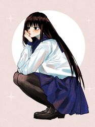 Rule 34 | 1girl, alternate costume, black eyes, black hair, black pantyhose, black shoes, blue skirt, closed mouth, commentary, elbow on knee, expressionless, full body, hand on own chin, highres, knees up, long hair, osaragi (sakamoto days), pantyhose, sakamoto days, school uniform, serafuku, shirt, shoes, skirt, solo, sonono71, sparkle, white serafuku, white shirt