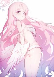 Rule 34 | 1girl, absurdres, arm behind back, ass, bikini, blue archive, breasts, closed mouth, commentary request, feathered wings, frilled bikini, frilled bikini top, frills, from side, halo, hand on own arm, highres, long hair, looking at viewer, low wings, medium breasts, mika (blue archive), mika (swimsuit) (blue archive), official alternate costume, official alternate hairstyle, pink hair, pink halo, ribiadan, simple background, solo, swimsuit, thighs, very long hair, white background, white bikini, white wings, wing ornament, wings, yellow eyes