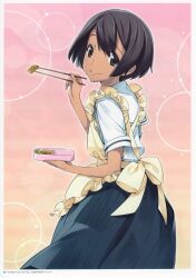 1girl absurdres apron bento blue_skirt blurry bokeh bow brown_eyes brown_hair chopsticks chuo_tanegashima_high_school_uniform daitoku_junna dark-skinned_female dark_skin depth_of_field ears_visible_through_hair food frilled_apron frills fukuda_tomonori hair_between_eyes hand_up head_tilt highres holding holding_bento holding_chopsticks looking_at_viewer looking_back non-web_source official_art omelet pink_background pleated_skirt robotics;notes school_uniform serafuku shirt short_hair short_sleeves skirt smile solo sparkle summer_uniform tamagoyaki tan white_shirt yellow_apron yellow_bow