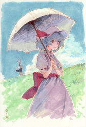 2girls apron blue_dress blue_hair blue_sky bow cloud collared_shirt commentary_request dot_nose dress dress_bow eyebrows_hidden_by_hair feet_out_of_frame flat_chest from_side hat highres hill holding holding_umbrella izayoi_sakuya long_dress looking_afar maid maid_apron medium_dress medium_hair mob_cap multiple_girls outdoors parasol pink_hat pink_shirt pink_skirt puffy_short_sleeves puffy_sleeves red_bow red_eyes red_ribbon remilia_scarlet ribbon shiratama_(hockey) shirt short_sleeves sidelocks signature skirt sky smile solo_focus touhou traditional_media umbrella white_hair white_umbrella
