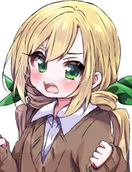 1girl blonde_hair blush brown_cardigan cardigan clenched_hands collared_shirt embarrassed green_eyes green_ribbon hair_between_eyes hair_ribbon hands_up inda_karane kimi_no_koto_ga_dai_dai_dai_dai_daisuki_na_100-nin_no_kanojo long_hair long_sleeves looking_at_viewer low_twintails ohananomitsu_high_school_uniform open_mouth ribbon school_uniform shirt sidelocks simple_background single_hair_intake sleeves_past_wrists solo teeth twintails upper_teeth_only v-shaped_eyebrows wavy_mouth white_background white_shirt yumenobetsu
