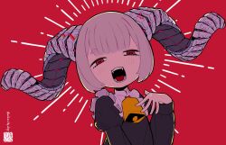 1girl bell black_dress bob_cut cephalopod_eyes cowbell dress fangs highres horns iwako_(eiken3kyuboy) juliet_sleeves long_sleeves mechanical_horns neck_bell open_mouth original puffy_sleeves red_background red_eyes short_eyebrows simple_background solo teeth twitter_username upper_body white_hair