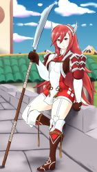 1girl caeldori_(fire_emblem) dress female_focus fire_emblem fire_emblem_fates highres hip_focus iron-0xide long_hair looking_at_viewer naginata nintendo outdoors polearm red_eyes red_hair roof rooftop short_dress sitting sky solo tagme thick_thighs thighs tight_clothes tight_dress very_long_hair wall weapon wide_hips