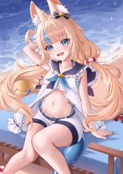 1girl ahoge animal_ear_fluff animal_ears arm_behind_head arm_up beach belt bikini blonde_hair blue_belt blue_bikini blue_bow blue_eyes blue_hair blue_nails bow breasts cat_ears cotton_noir dress fins fish_girl fish_tail hair_bow highleg highleg_bikini highres indie_virtual_youtuber kaniki_(sameko_saba) long_hair looking_at_viewer low_twintails multicolored_hair nail_polish navel one_side_up open_mouth sameko_saba sand short_shorts shorts side-tie_bikini_bottom sleeveless sleeveless_dress small_breasts smile solo streaked_hair striped_bikini striped_clothes swimsuit tail teeth twintails upper_teeth_only very_long_hair virtual_youtuber water white_dress white_shorts