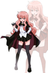 1girl absurdres black_cape black_shoes black_skirt black_thighhighs book cape commentary_request full_body hand_on_own_hip highres holding holding_book long_hair long_sleeves looking_at_viewer louise_francoise_le_blanc_de_la_valliere open_book open_mouth pentacle pink_eyes pink_hair pleated_skirt shirt shoes simple_background skirt solo thighhighs user_mymc4242 white_background white_shirt zero_no_tsukaima zoom_layer