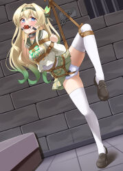 1girl arms_behind_back ball_gag bdsm black_hairband blush bondage bound bound_arms bound_legs bound_torso bound_wrists bow bowtie breast_bondage chain chain_leash chained collar crotch_rope crying crying_with_eyes_open dungeon firefly_(honkai:_star_rail) firefly_(spring_missive)_(honkai:_star_rail) gag gagged gradient_hair green_bow green_bowtie grey_hair grey_sailor_collar grey_skirt hair_between_eyes hair_intakes hairband honkai:_star_rail honkai_(series) leash loafers long_hair long_sleeves metal_collar mukanata multicolored_eyes multicolored_hair panties plaid_bow plaid_bowtie plaid_clothes plaid_skirt prison prison_cell restrained rope sailor_collar school_uniform serafuku shibari shibari_over_clothes shirt shoes skirt solo standing standing_on_one_leg stone_floor stone_wall suspension tears thighhighs underwear white_panties white_shirt white_thighhighs wiffle_gag