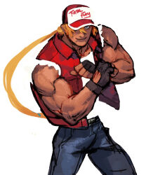 1boy baseball_cap blonde_hair blue_eyes commentary crossover denim english_commentary fatal_fury fingerless_gloves fl_(l-fl) gloves bad_tag bad_tag hat jacket jeans long_hair male_focus muscular muscular_male negative_space one_eye_covered pants ponytail red_jacket sketch solo street_fighter street_fighter_6 terry_bogard