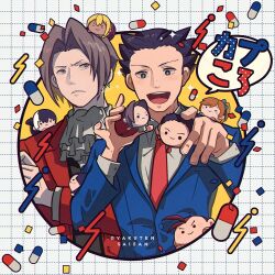 2boys 3llo_3 ace_attorney apollo_justice ascot athena_cykes black_hair black_vest blue_eyes blue_jacket border character_doll collared_shirt commentary_request confetti doll grey_ascot grey_hair grey_shirt grid_background holding holding_doll jacket klavier_gavin male_focus maya_fey miles_edgeworth multiple_boys necktie parted_lips phoenix_wright pill protected_link red_jacket red_necktie round_border shirt short_hair signature simon_blackquill smile sparkle sparkling_eyes speech_bubble spiked_hair teeth translation_request vest