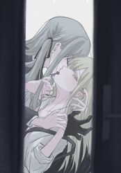 2girls bang_dream! bang_dream!_it&#039;s_mygo!!!!! bite_mark bite_mark_on_neck black_gloves black_ribbon blue_hair blush chinese_commentary closed_eyes collared_shirt commentary_request french_kiss gloves green_hair hair_ornament hair_ribbon hairclip highres kiss long_hair long_sleeves multiple_girls ribbon shirt simple_background togawa_sakiko tongue tongue_out toto_rabpit3 two_side_up wakaba_mutsumi white_background white_shirt yellow_eyes yuri