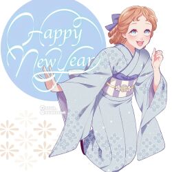 1girl animification blue_dress blue_eyes bow brown_hair dress hair_bow happy highres japanese_clothes kimono long_hair mizala open_mouth ponytail short_hair smile tagme walt_disney&#039;s_peter_pan wendy_darling
