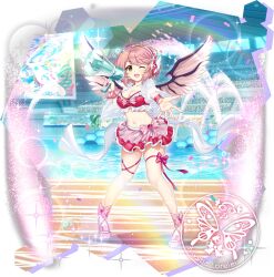 1girl alternate_costume bikini bikini_skirt bird_wings blush breasts character_name cleavage collarbone confetti game_cg headphones highres holding holding_megaphone komeiji_koishi large_breasts leg_ribbon lens_flare looking_at_viewer megaphone mystia_lorelei navel official_art one_eye_closed open_mouth outdoors pink_hair red_bikini red_nails red_skirt ribbon rotte_(1109) scrunchie skirt smile solo sparkle stadium stomach swimsuit thigh_ribbon third-party_source touhou touhou_lostword transparent_background wings wrist_scrunchie