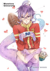 1boy colored_skin glasses green_eyes highres humanization ling6927 lizard_tail long_hair male_focus monsters_inc. monsters_university necktie personification purple_hair purple_skin randall_boggs sharp_teeth slit_pupils tail teeth yaoi