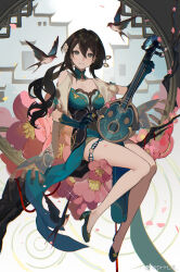 1girl bare_legs bare_shoulders barn_swallow bead_bracelet beads bird black_hair blue_choker blue_dress blue_eyes blue_gloves bracelet breasts chinese_commentary chinese_hairpin choker cleavage closed_mouth clothing_cutout commentary_request dress eyelashes flower flower_knot frilled_thigh_strap full_body gloves green_footwear hair_flower hair_ornament harrymiao high_heels highres holding holding_instrument honkai:_star_rail honkai_(series) instrument jewelry lattice long_hair looking_at_viewer low_ponytail medium_breasts petals pink_flower ponytail red_pupils ripples ruan ruan_mei_(honkai:_star_rail) short_dress short_sleeves shoulder_cutout sitting smile solo swallow_(bird) thigh_strap watermark weibo_watermark white_flower white_sleeves