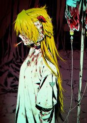 1girl bandaged_arm bandaged_head bandages black_choker blonde_hair blood blood_bag blood_on_clothes blood_on_face blood_on_hands breasts choker dark eyepatch highres hogerarara iv_stand long_hair neon_genesis_evangelion robe small_breasts smoking solo souryuu_asuka_langley standing twintails very_long_hair white_robe
