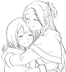 2girls blush braid closed_eyes closed_mouth dungeon_meshi falin_touden greyscale hair_ornament happy hood hues_sunk hug long_hair long_sleeves marcille_donato monochrome multiple_girls pointy_ears short_hair smile upper_body white_background yuri