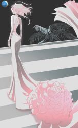 Rule 34 | 1other, alternate species, ass, backless dress, backless outfit, cinnabar (houseki no kuni), clear sky, dress, earth (planet), eyes visible through hair, floating clothes, floating hair, flower, from behind, glint, gown, grey dress, hair over one eye, highres, houseki no kuni, long dress, long hair, long sleeves, looking at viewer, looking back, night, night sky, nukumorineko, on moon, other focus, pale skin, palm tree, pink flower, pink hair, pink theme, planet, sad, sky, solo, spoilers, standing, striped background, tree, tsuki jin