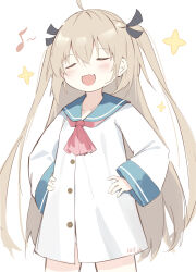 1girl :d absurdres ahoge ascot atri atri-my_dear_moments- black_ribbon blue_sailor_collar blush brown_hair commentary_request dress eighth_note fang hair_between_eyes hair_ribbon hands_on_own_hips highres leilin long_hair long_sleeves musical_note open_mouth panties panty_peek red_ascot ribbon sailor_collar sailor_dress signature simple_background smile smug solo two_side_up underwear very_long_hair white_background white_dress white_panties wide_sleeves