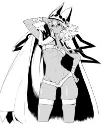 10mo 1girl arm_up bandeau belt_bra breasts brown_eyes cape cropped_legs dark-skinned_female dark_skin greyscale guilty_gear guilty_gear_xrd hair_between_eyes hand_on_own_hip highres long_hair looking_afar micro_shorts midriff monochrome navel parted_lips ramlethal_valentine shorts simple_background skindentation small_breasts solo spot_color thigh_strap