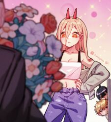 1girl 2boys artist_name bare_shoulders black_hair black_jacket blonde_hair blue_flower blue_pants blurry blurry_foreground bouquet breasts camisole chainsaw_man cleavage commentary_request cowboy_shot crop_top cross-shaped_pupils demon_girl demon_horns denim denji_(chainsaw_man) flower gradient_background grey_jacket hair_between_eyes hand_on_own_hip hayakawa_aki high_ponytail highres holding holding_bouquet horns jacket jeans lianbiglian long_hair long_hair_between_eyes long_sleeves midriff multiple_boys navel off_shoulder pants pink_background ponytail power_(chainsaw_man) red_flower red_horns red_rose rose short_ponytail sparkle standing stomach symbol-shaped_pupils very_long_hair white_flower yellow_eyes