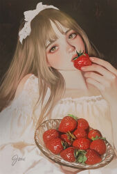 1girl alternate_costume blonde_hair blush bowl brown_eyes clothing_cutout collarbone expressionless food fruit fruit_bowl glass_bowl hair_over_shoulder hair_ribbon head_tilt highres holding holding_bowl holding_food holding_fruit jomidraws lace lace-trimmed_shirt lace_trim long_hair long_sleeves looking_at_viewer nijisanji nose_blush open_mouth pink_lips realistic ribbon shirt shoulder_cutout sidelocks signature sister_claire solo straight_hair strawberry upper_body white_ribbon white_shirt